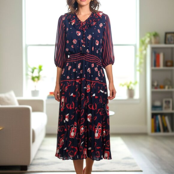 DVF Diane von Furstenberg Mixed Print Midi Dress- Size 0/XS - Picture 1 of 7